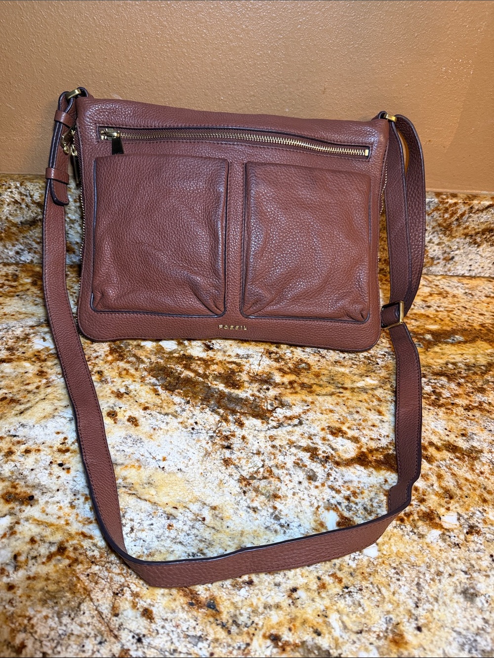 Fossil Chestnut Pebbled Leather Messenger Bag